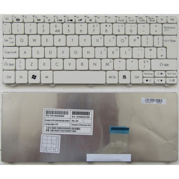 Клавиатура за Gateway LT25 LT27 LT28 Packard Bell DOT S E2 DOT SE DOT SPT Acer Aspire One NAV70 D260 D270 Бяла UK